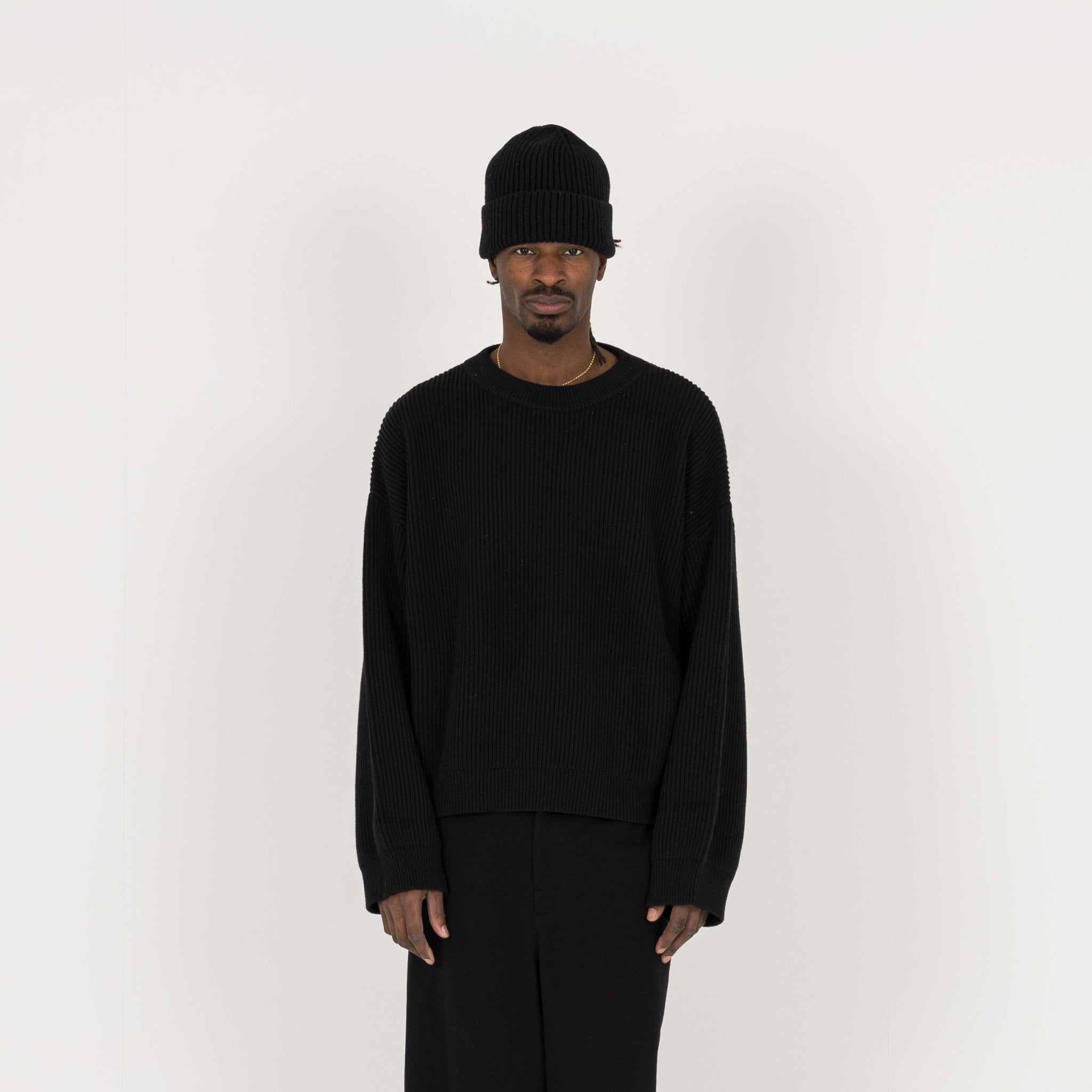 Model view of Destructive Ribbed Black Beanie